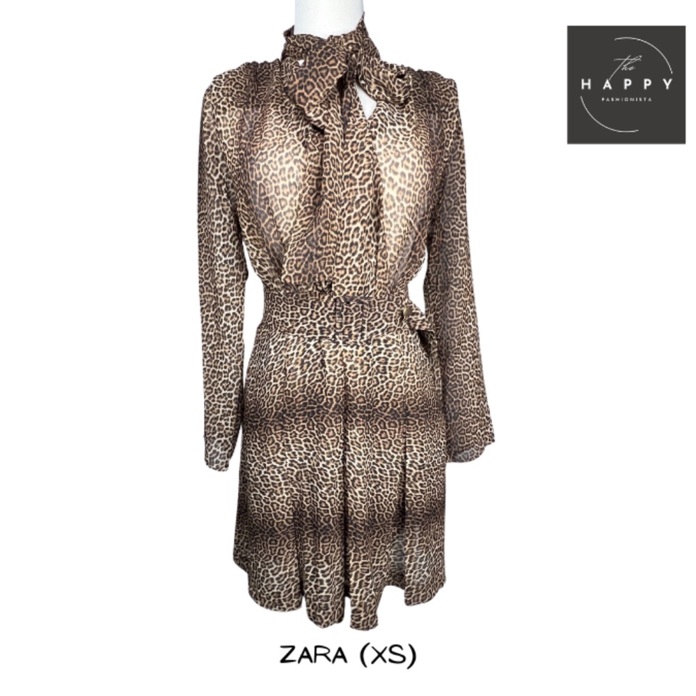 NWT Zara Animal Print Dress with Neck Tie/Bow and Belt (XS)